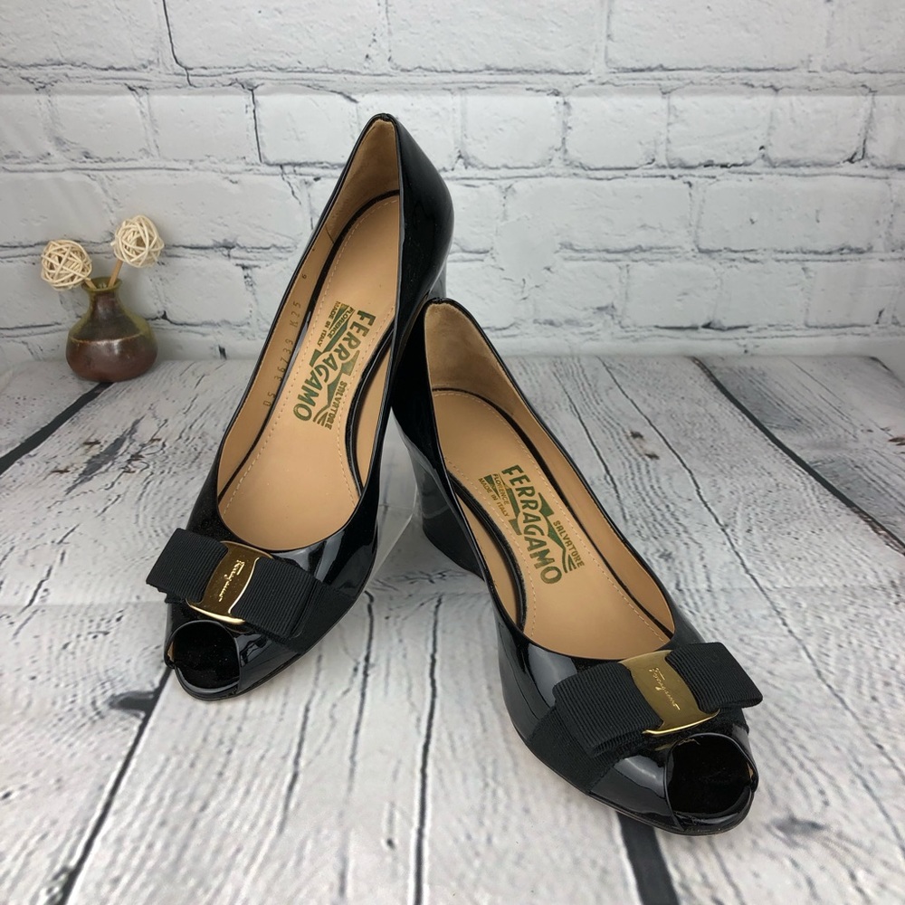 Salvatore Ferragamo, Peep-Toe Bow Pumps, Size 6